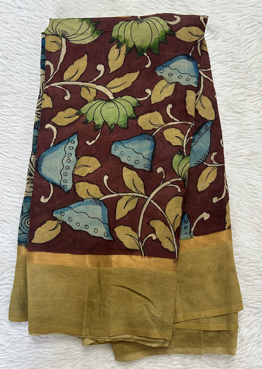 Pen Kalamkari Saree Brown colored allover saree complemented with a Mustard Green Colored Plain border - Sampradaya Designer Studio