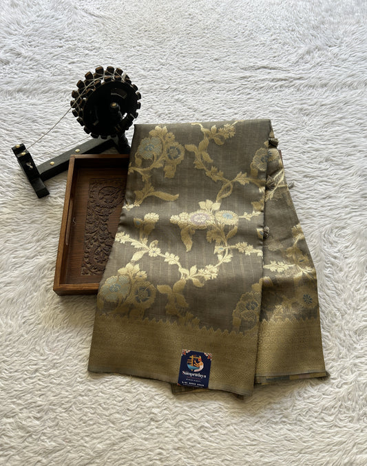 Tissue Organza Saree Gray Colored Elegantly Paired with a Zari Border. - Sampradaya Designer Studio