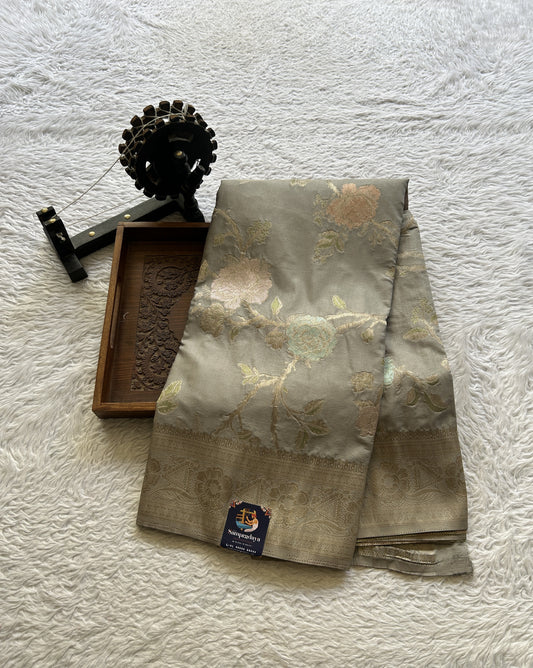Semi Georgette Saree Elephant Gray Colored Elegantly Paired with a Zari Border. - Sampradaya Designer Studio