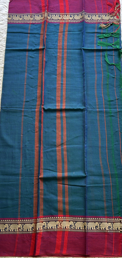 Narayanpet Cotton Dress Material – Dark Peacock Blue Color | Handloom Cotton