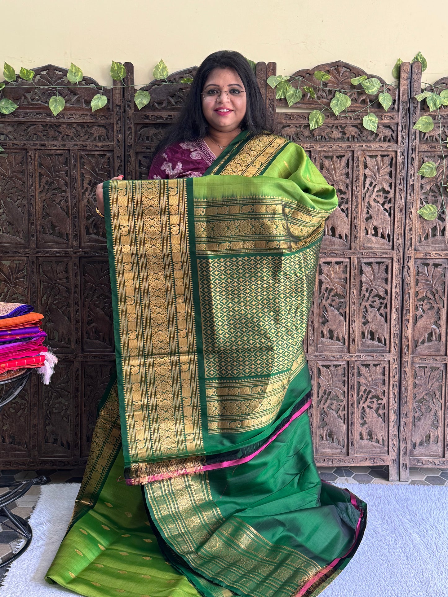 Gadwal Silk Saree Pea Green Colored Complemented With Gold Zari Border - Sampradaya Designer Studio