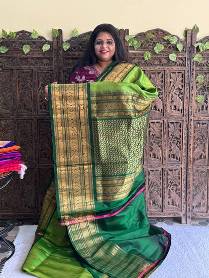Gadwal Silk Saree Pea Green Colored Complemented With Gold Zari Border - Sampradaya Designer Studio