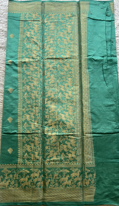 Semi Raw Silk Saree Aqua Blue Colored Complemented with a Zari Border. - Sampradaya Designer Studio