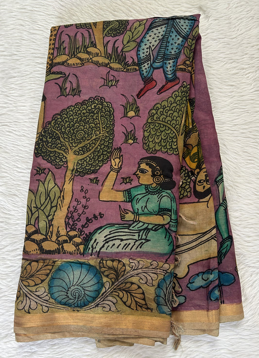 Pen Kalamkari Saree Lavender colored allover saree complemented with a Cream Colored Gold Zari border - Sampradaya Designer Studio