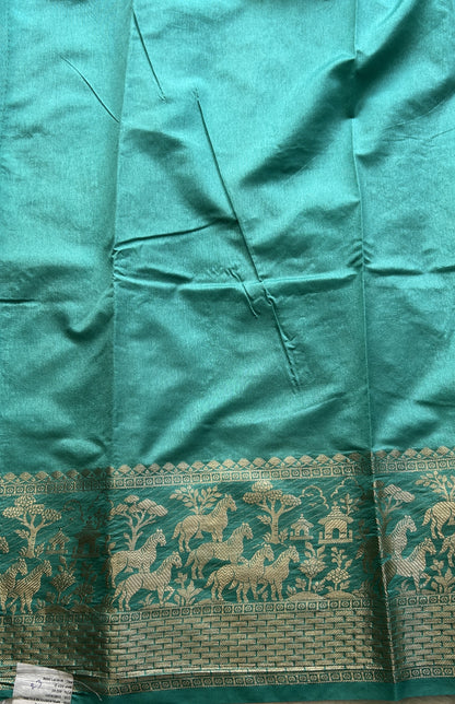 Semi Raw Silk Saree Aqua Blue Colored Complemented with a Zari Border. - Sampradaya Designer Studio