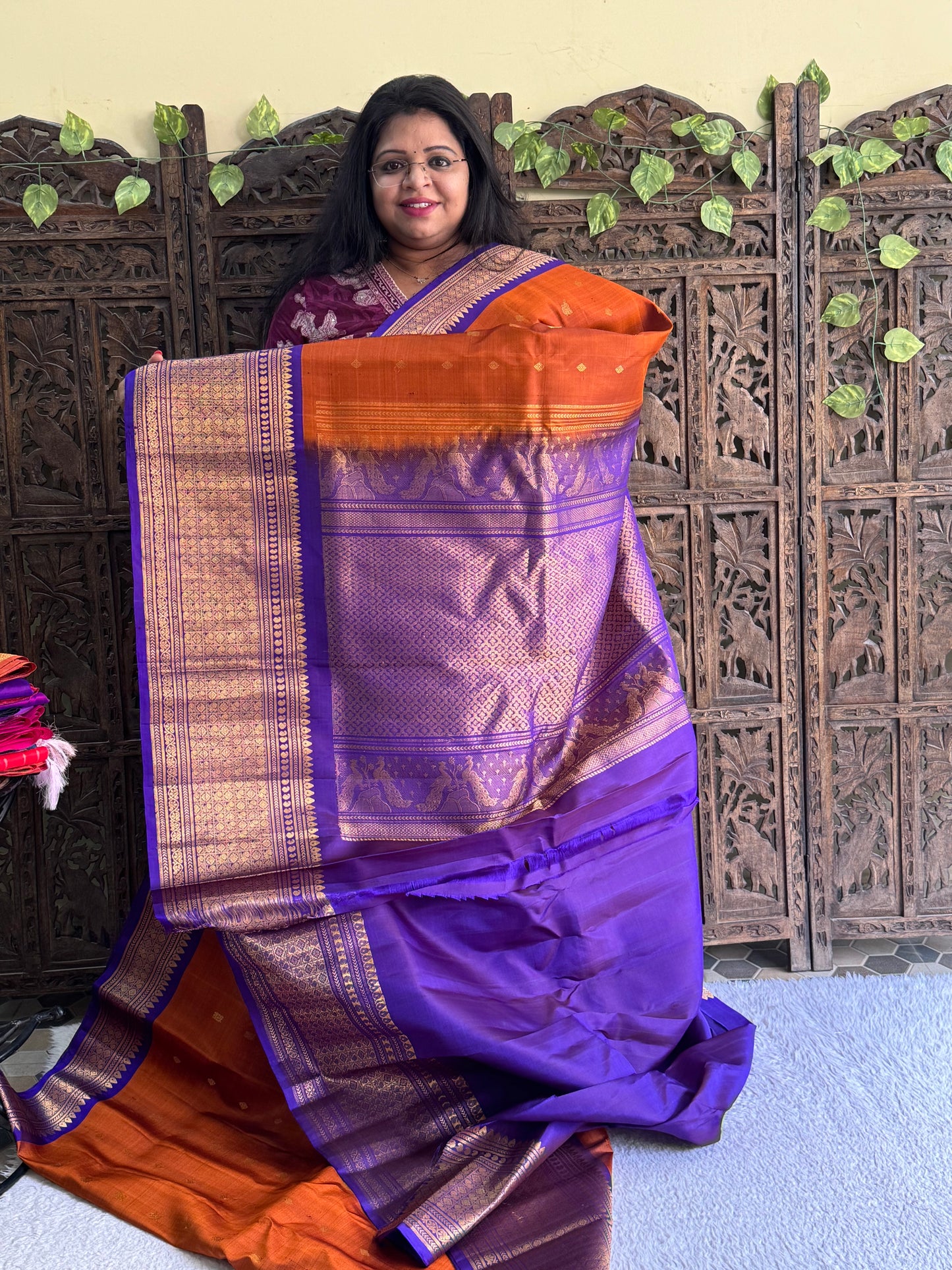 Gadwal Silk Saree Burnt Colored Complemented With Gold Zari Border - Sampradaya Designer Studio