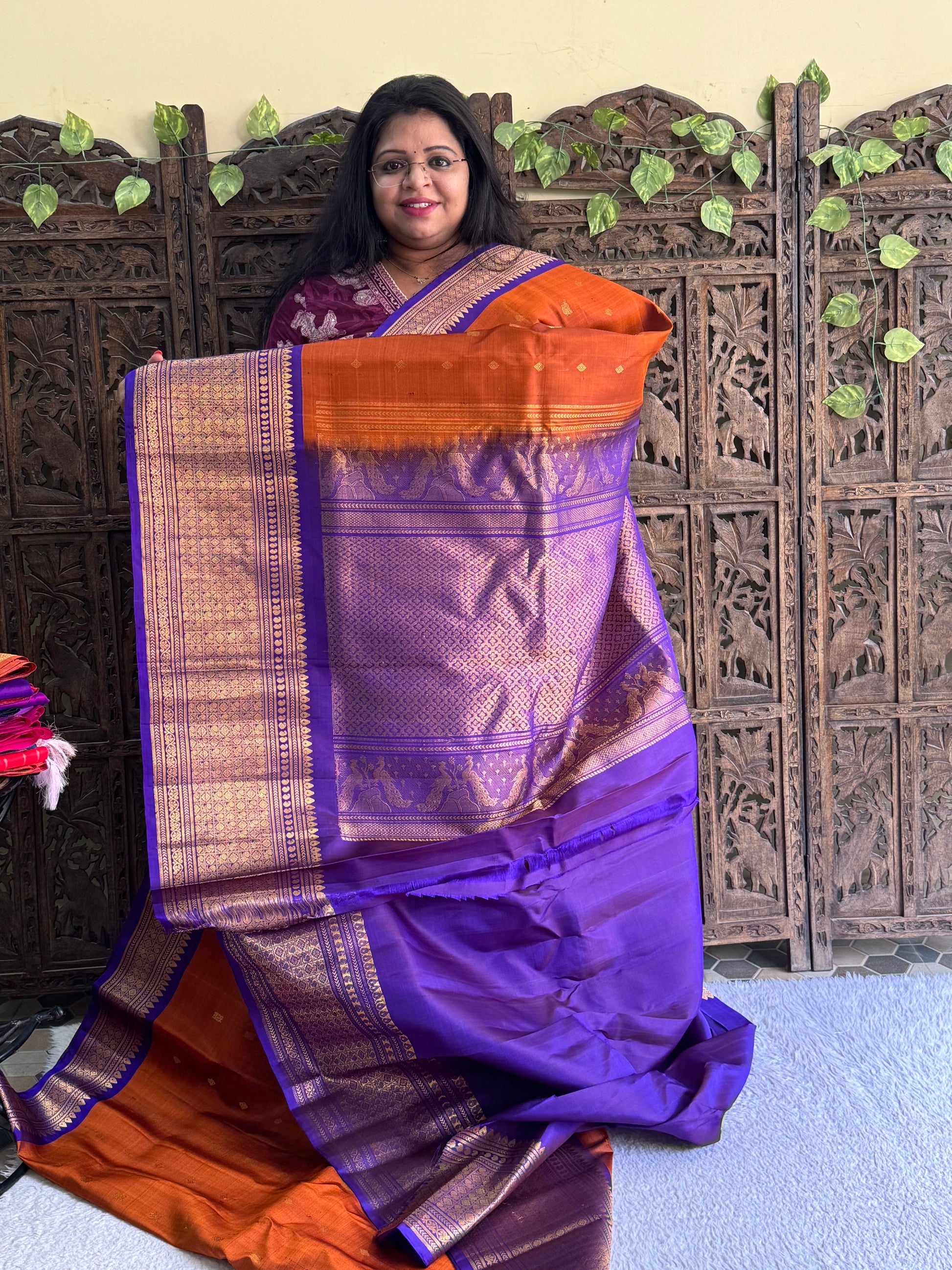 Gadwal Silk Saree Burnt Colored Complemented With Gold Zari Border - Sampradaya Designer Studio