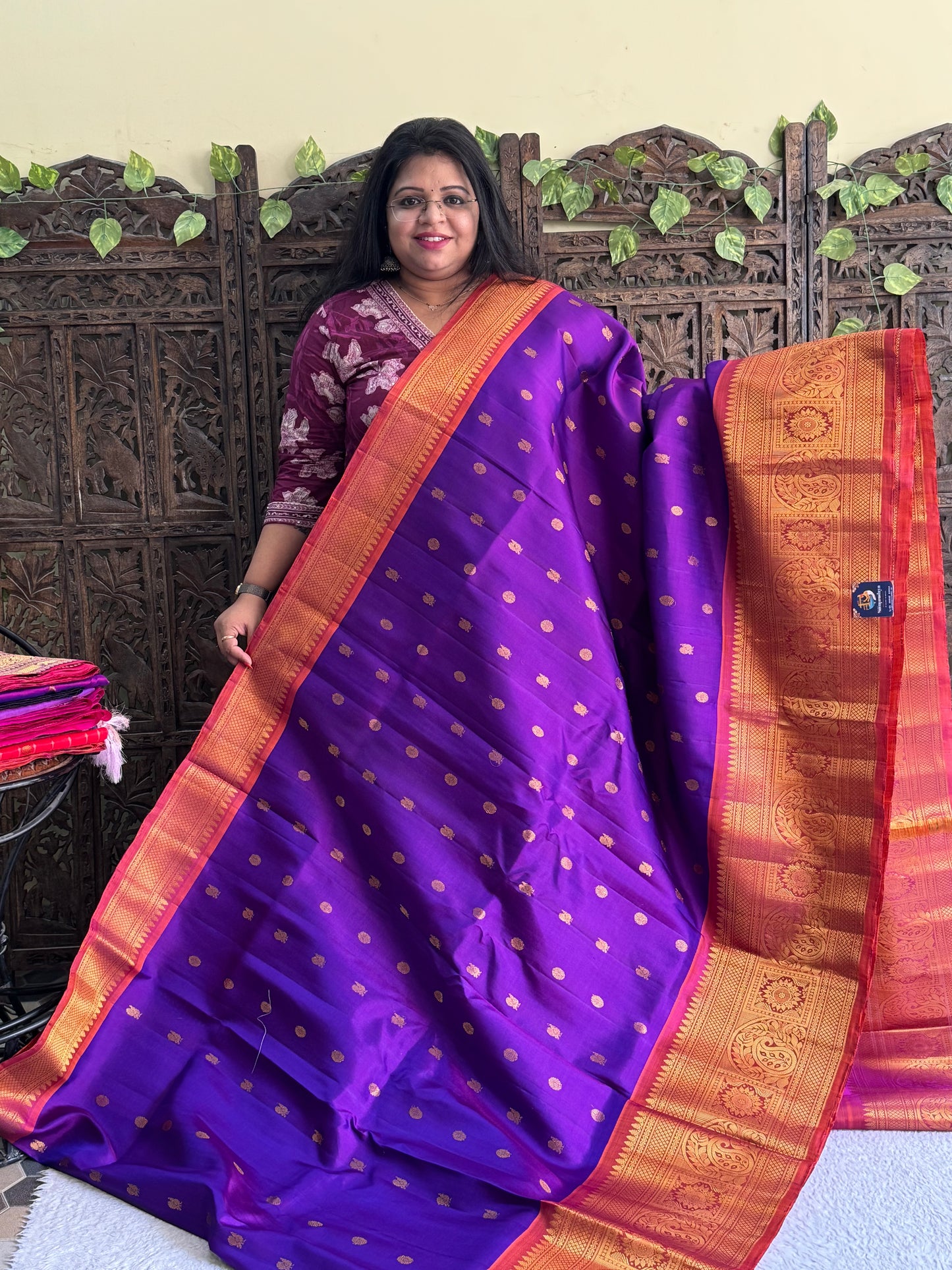 Gadwal Silk Saree Indigo Colored Complemented With Gold Zari Border - Sampradaya Designer Studio