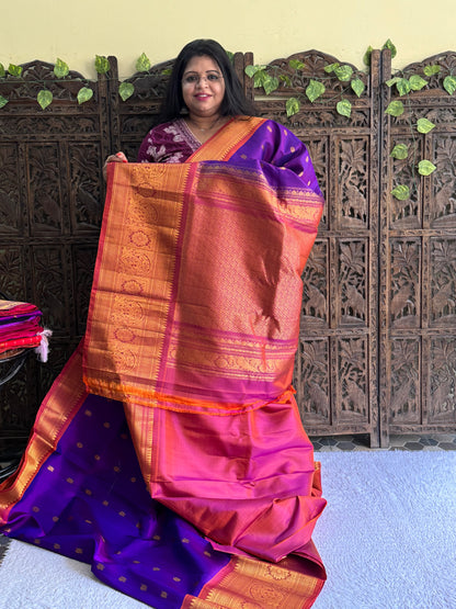 Gadwal Silk Saree Indigo Colored Complemented With Gold Zari Border - Sampradaya Designer Studio