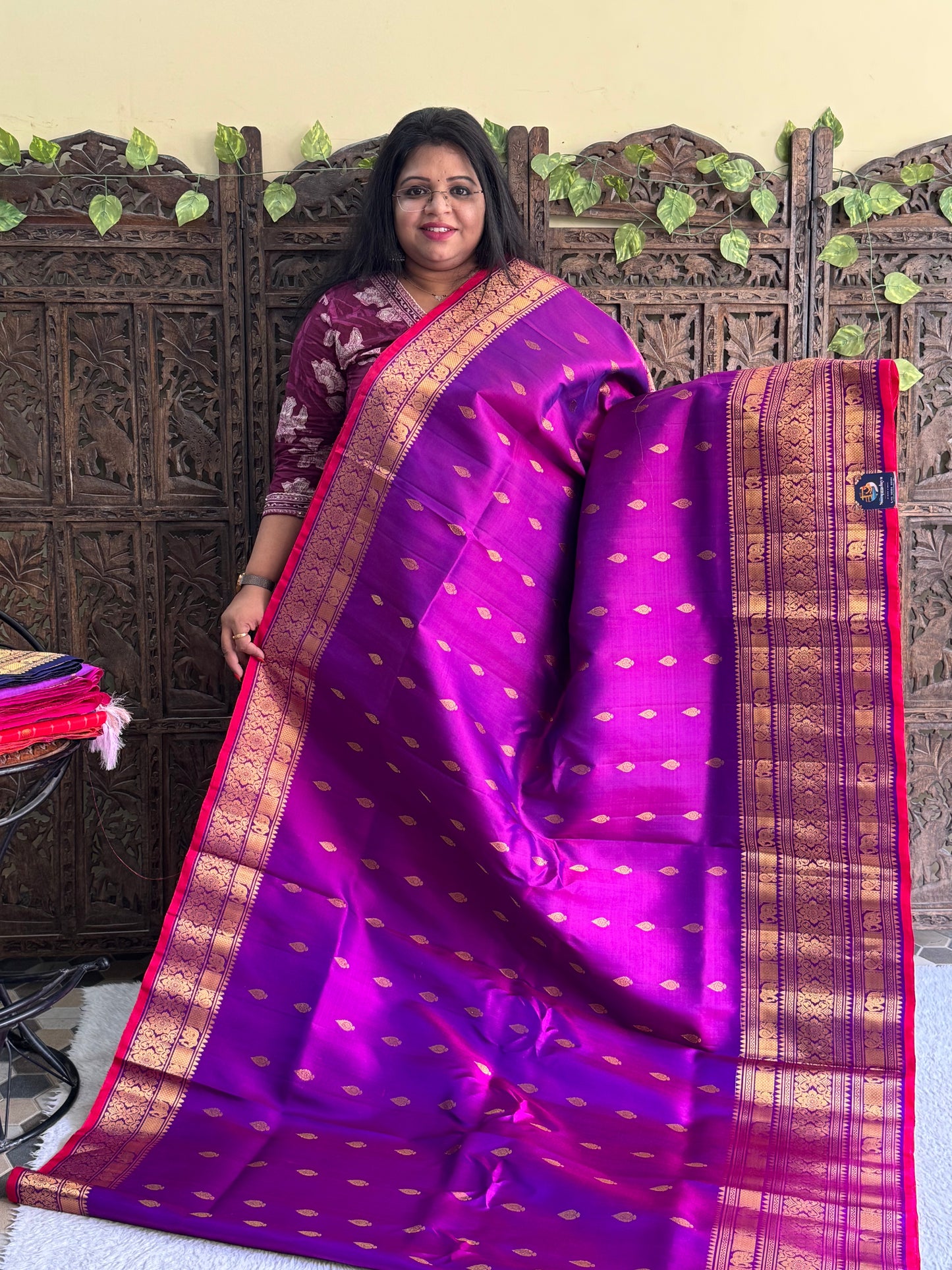Gadwal Silk Saree Plum Colored Complemented With Gold Zari Border - Sampradaya Designer Studio