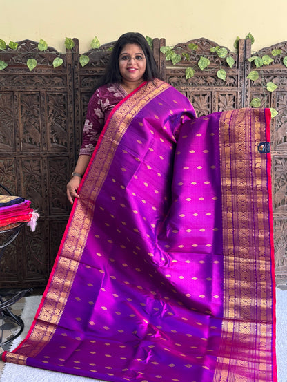 Gadwal Silk Saree Plum Colored Complemented With Gold Zari Border - Sampradaya Designer Studio