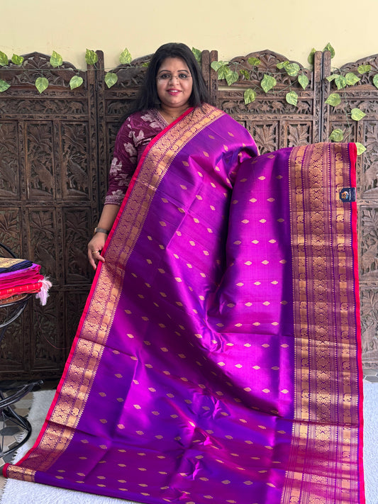 Gadwal Silk Saree Plum Colored Complemented With Gold Zari Border