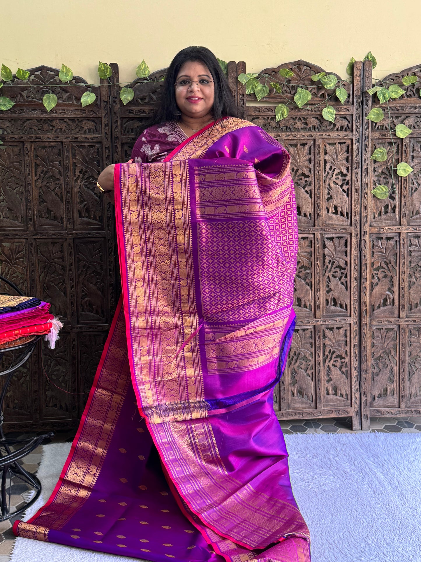 Gadwal Silk Saree Plum Colored Complemented With Gold Zari Border - Sampradaya Designer Studio