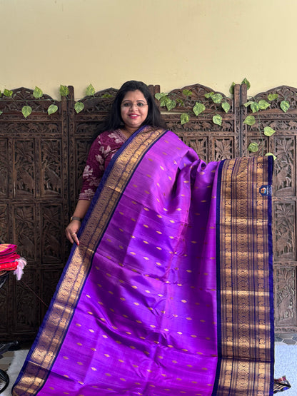 Gadwal Silk Saree Eggplant Colored Complemented With Gold Zari Border - Sampradaya Designer Studio