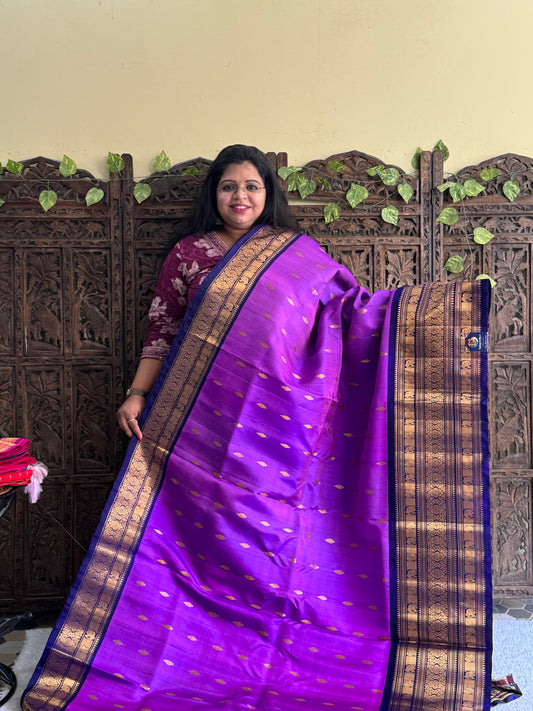 Gadwal Silk Saree Eggplant Colored Complemented With Gold Zari Border