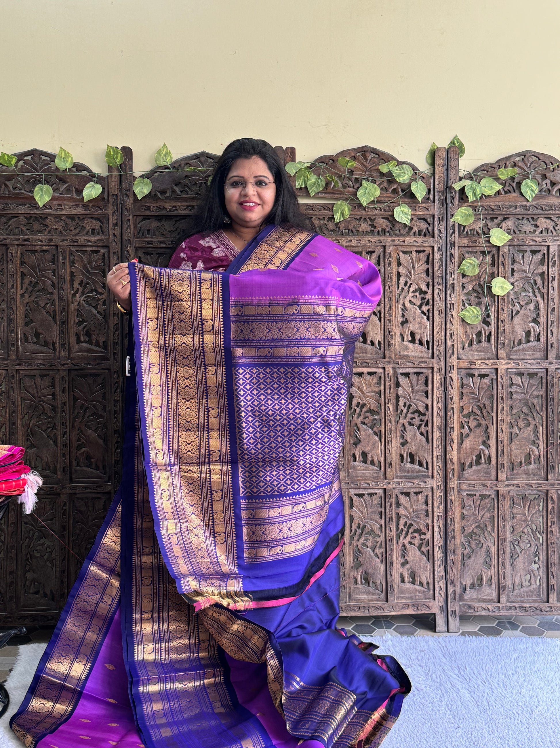 Gadwal Silk Saree Eggplant Colored Complemented With Gold Zari Border - Sampradaya Designer Studio