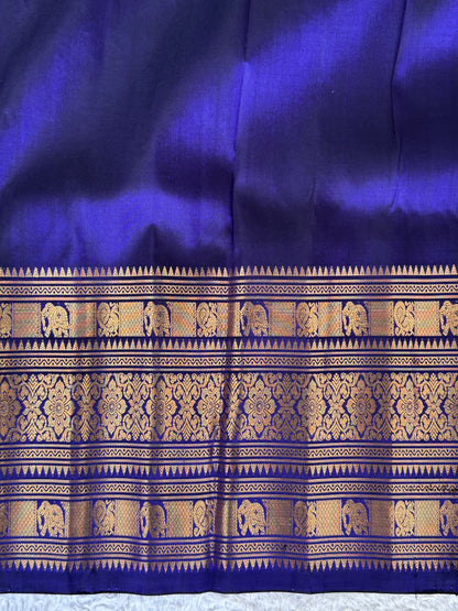 Gadwal Silk Saree Eggplant Colored Complemented With Gold Zari Border - Sampradaya Designer Studio