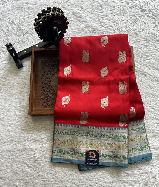 Venkatagiri Pattu Saree Red Complemented With a Blue Color Zari Border - Sampradaya Designer Studio