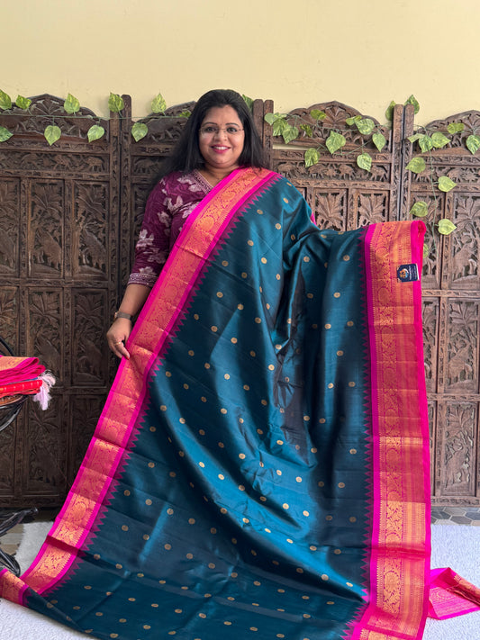 Gadwal Silk Saree Dark Teal Blue Colored Complemented With Gold Zari Border