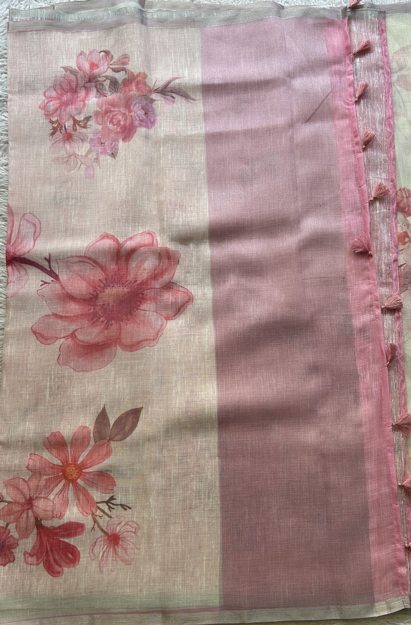 Fancy Linen Saree White Colored Exquisite with a Lace Border. - Sampradaya Designer Studio