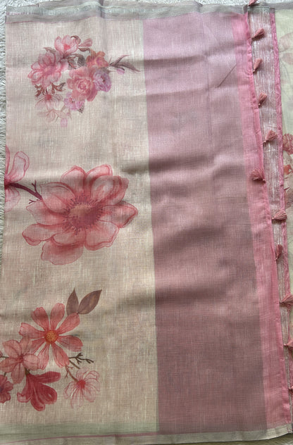 Fancy Linen Saree White Colored Exquisite with a Lace Border. - Sampradaya Designer Studio