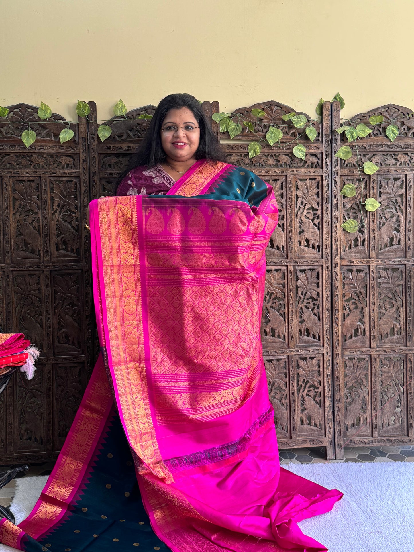 Gadwal Silk Saree Dark Teal Blue Colored Complemented With Gold Zari Border