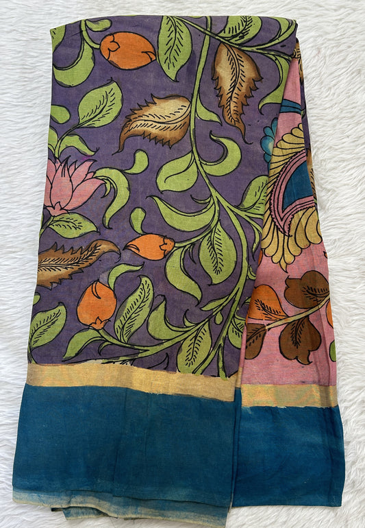 Pen Kalamkari Saree Dark Lavender colored allover saree complemented with a Dark Turquoise Blue Colored Plain border - Sampradaya Designer Studio