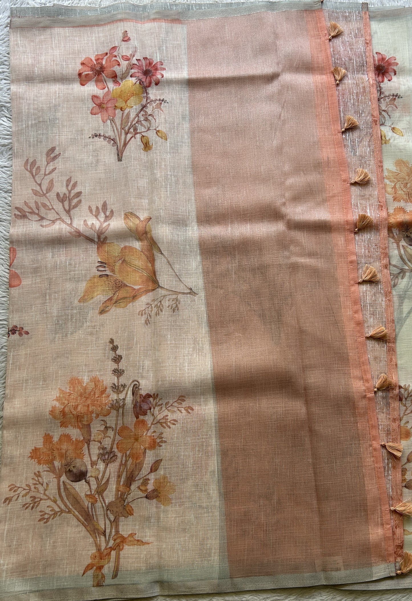 Fancy Linen Saree Off White Colored Exquisite with a Lace Border. - Sampradaya Designer Studio