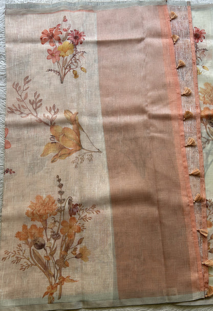 Fancy Linen Saree Off White Colored Exquisite with a Lace Border. - Sampradaya Designer Studio
