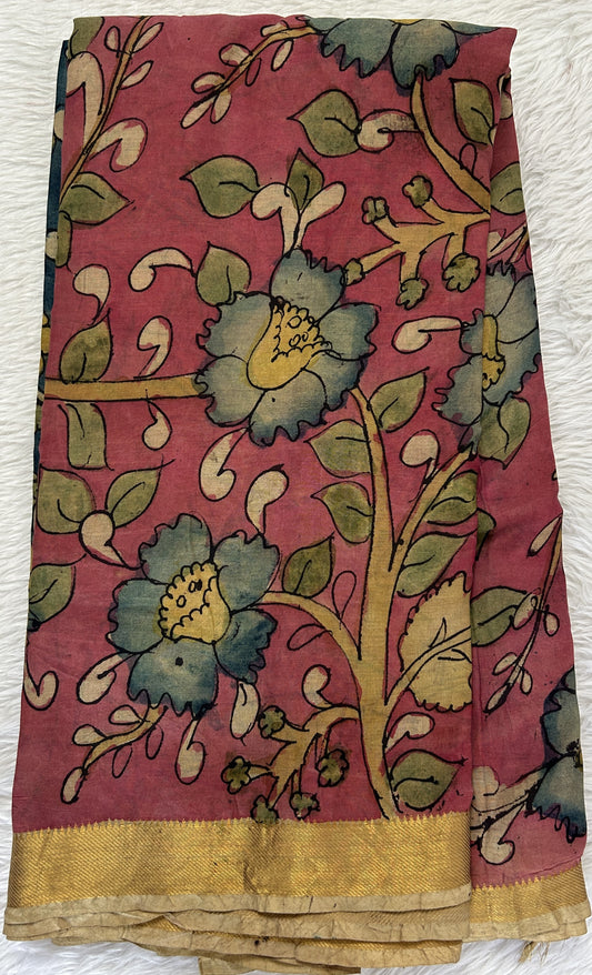 Pen Kalamkari Saree Onion Pink colored allover saree complemented with a Cream Colored Gold Zari border - Sampradaya Designer Studio