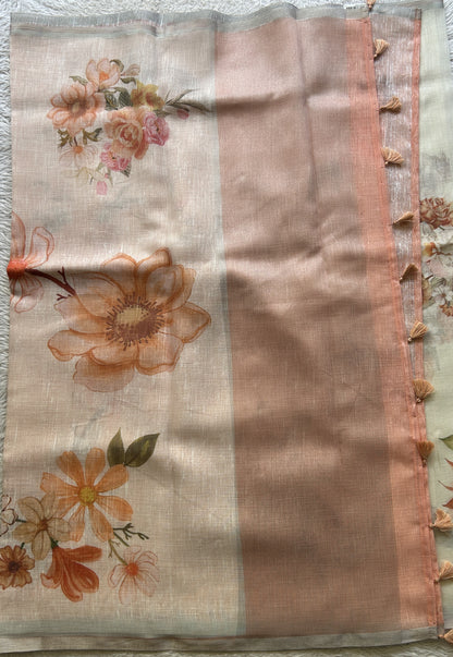 Fancy Linen Saree Off White Colored Elegantly Paired with a Lace Border. - Sampradaya Designer Studio