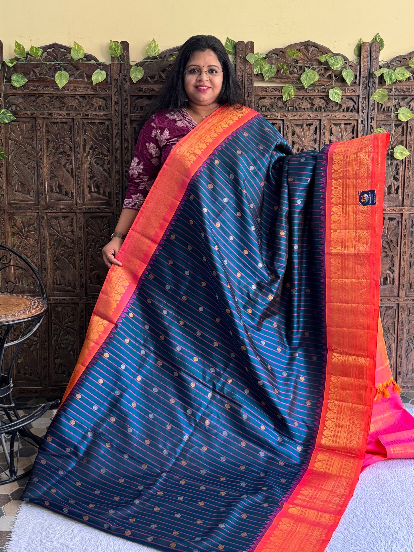 Gadwal Silk Saree Sacramento Colored Complemented With Gold Zari Border - Sampradaya Designer Studio