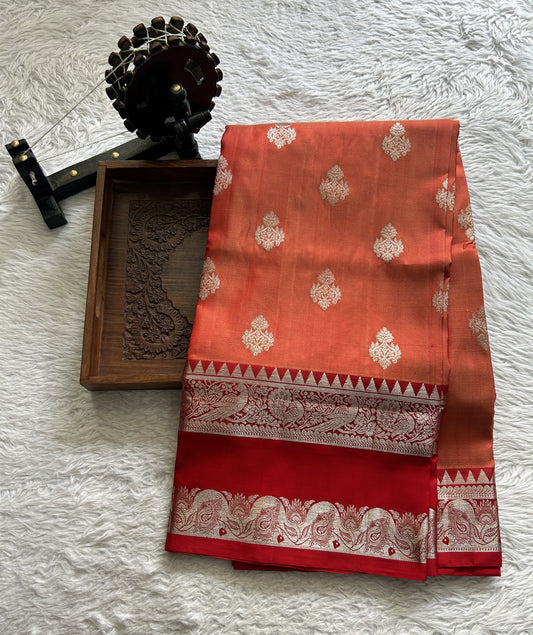 Venkatagiri Pattu Saree Dark Peach Complemented With a Red Color Zari Border - Sampradaya Designer Studio