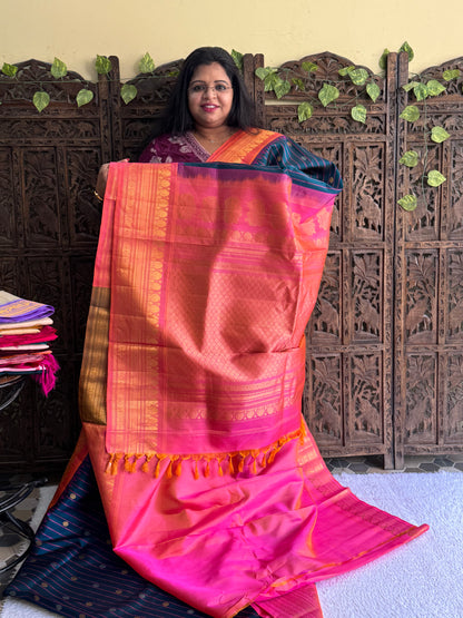 Gadwal Silk Saree Sacramento Colored Complemented With Gold Zari Border - Sampradaya Designer Studio