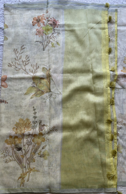 Fancy Linen Saree Off White Colored Complemented with a Lace Border. - Sampradaya Designer Studio