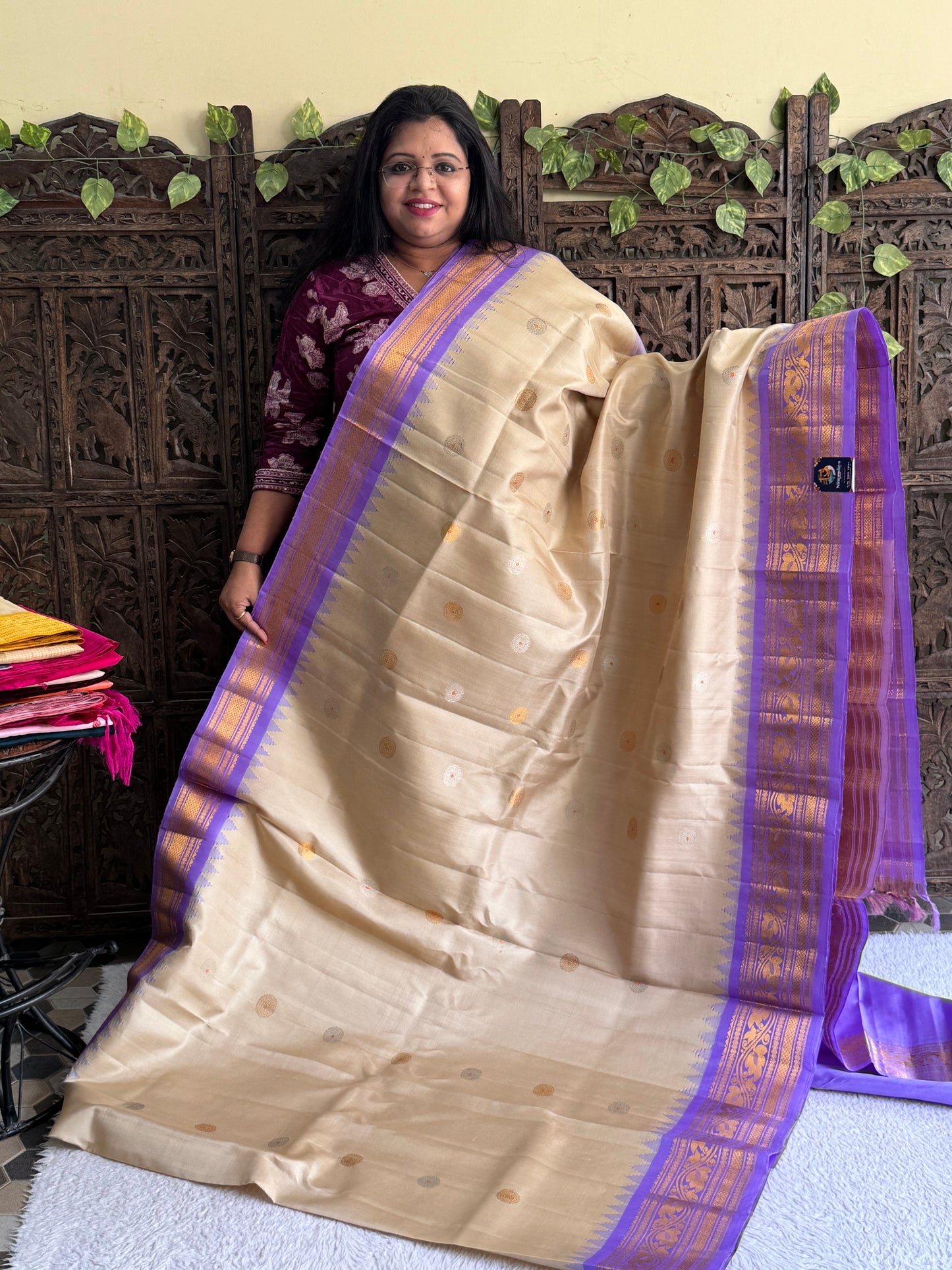 Gadwal Silk Saree Eggnog Colored Complemented With Gold Zari Border - Sampradaya Designer Studio