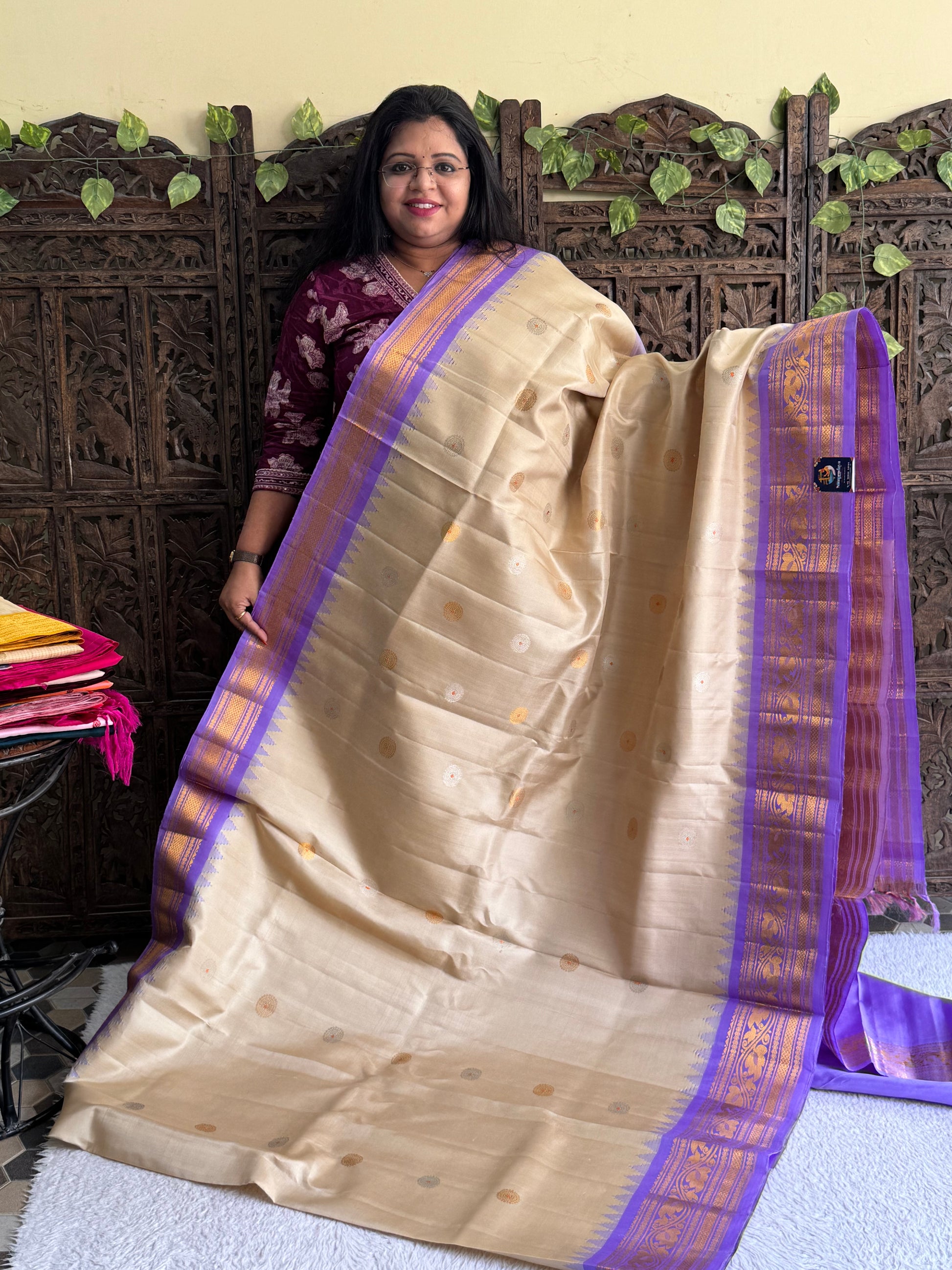 Gadwal Silk Saree Eggnog Colored Complemented With Gold Zari Border - Sampradaya Designer Studio