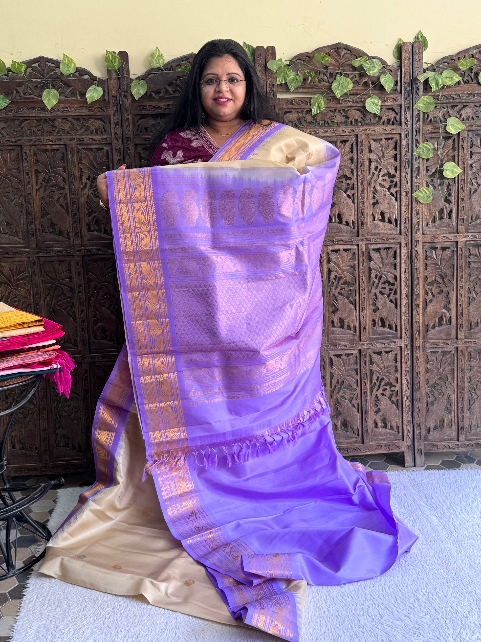 Gadwal Silk Saree Eggnog Colored Complemented With Gold Zari Border - Sampradaya Designer Studio