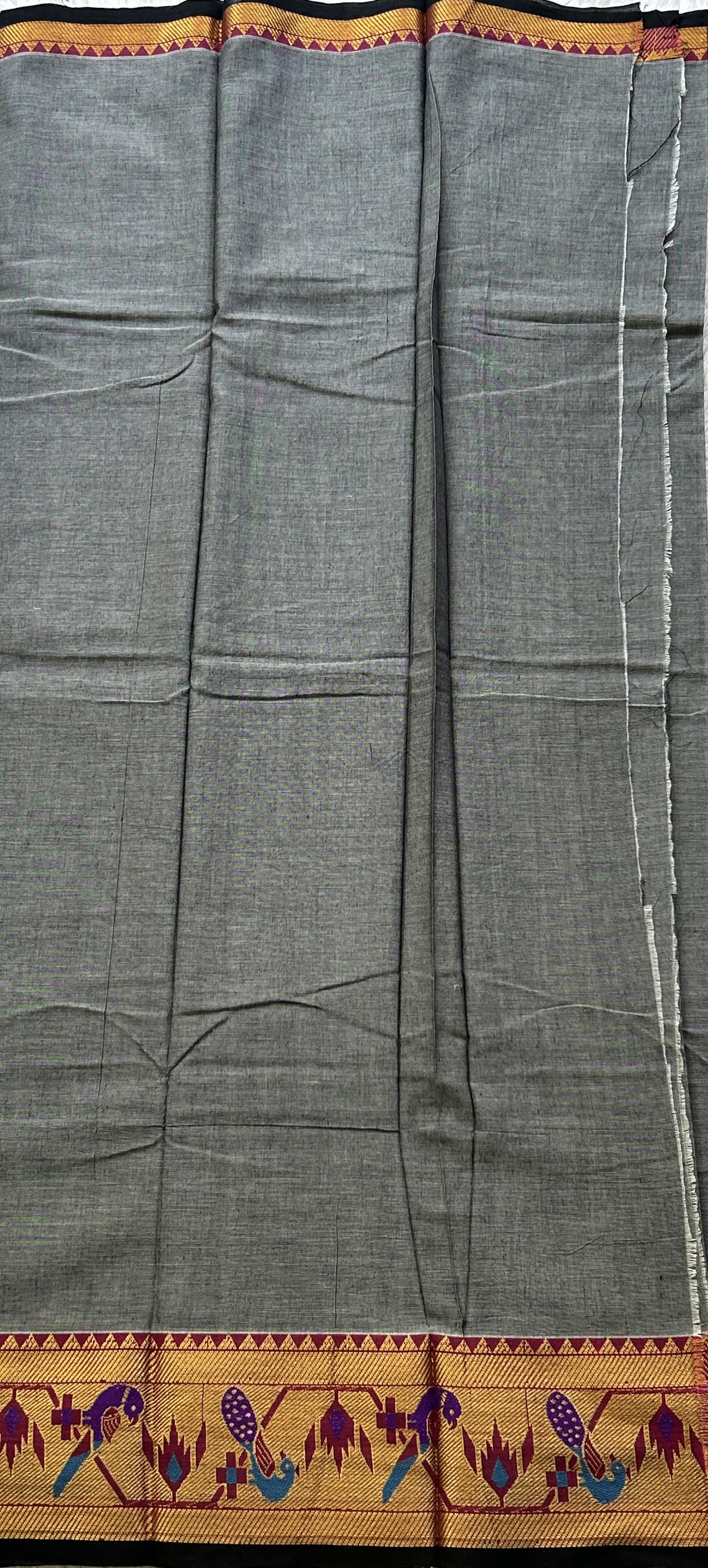 Narayanpet Cotton Dress Material – Gray Color Gold Zari Border | Handloom Cotton