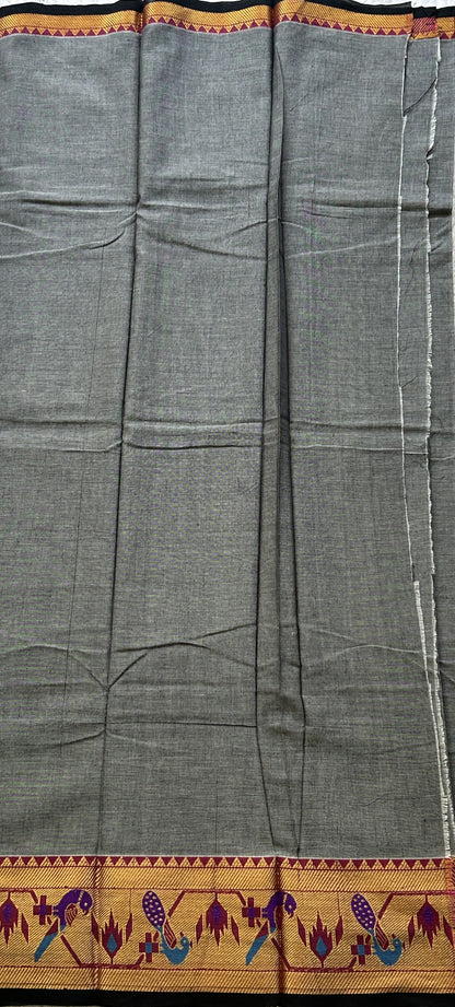 Narayanpet Cotton Dress Material – Gray Color Gold Zari Border | Handloom Cotton