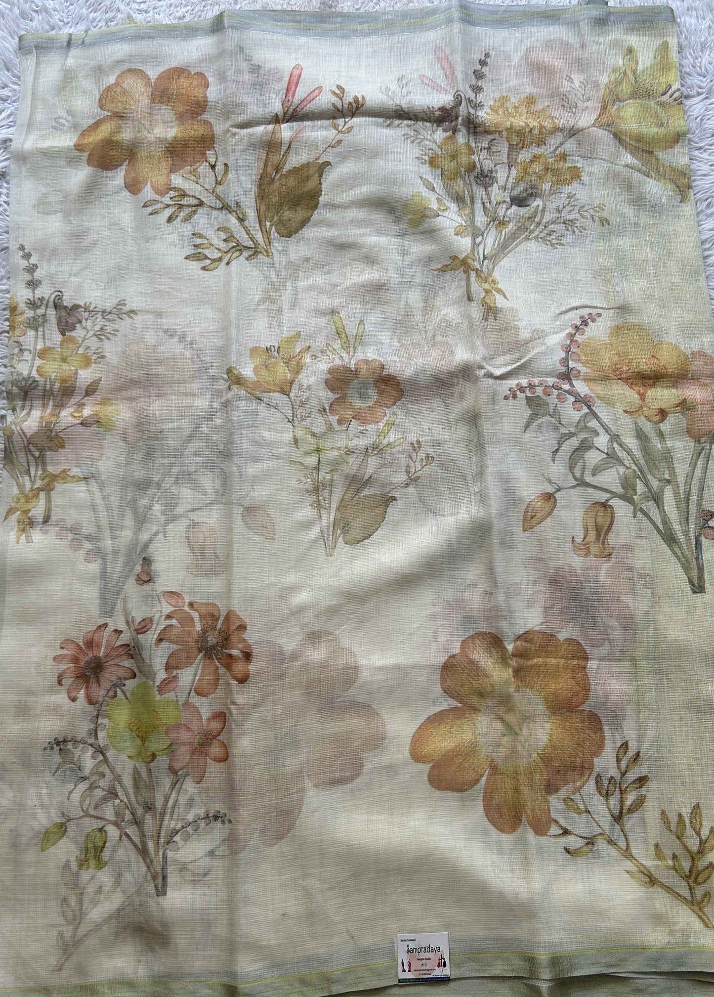 Fancy Linen Saree Off White Colored Complemented with a Lace Border. - Sampradaya Designer Studio