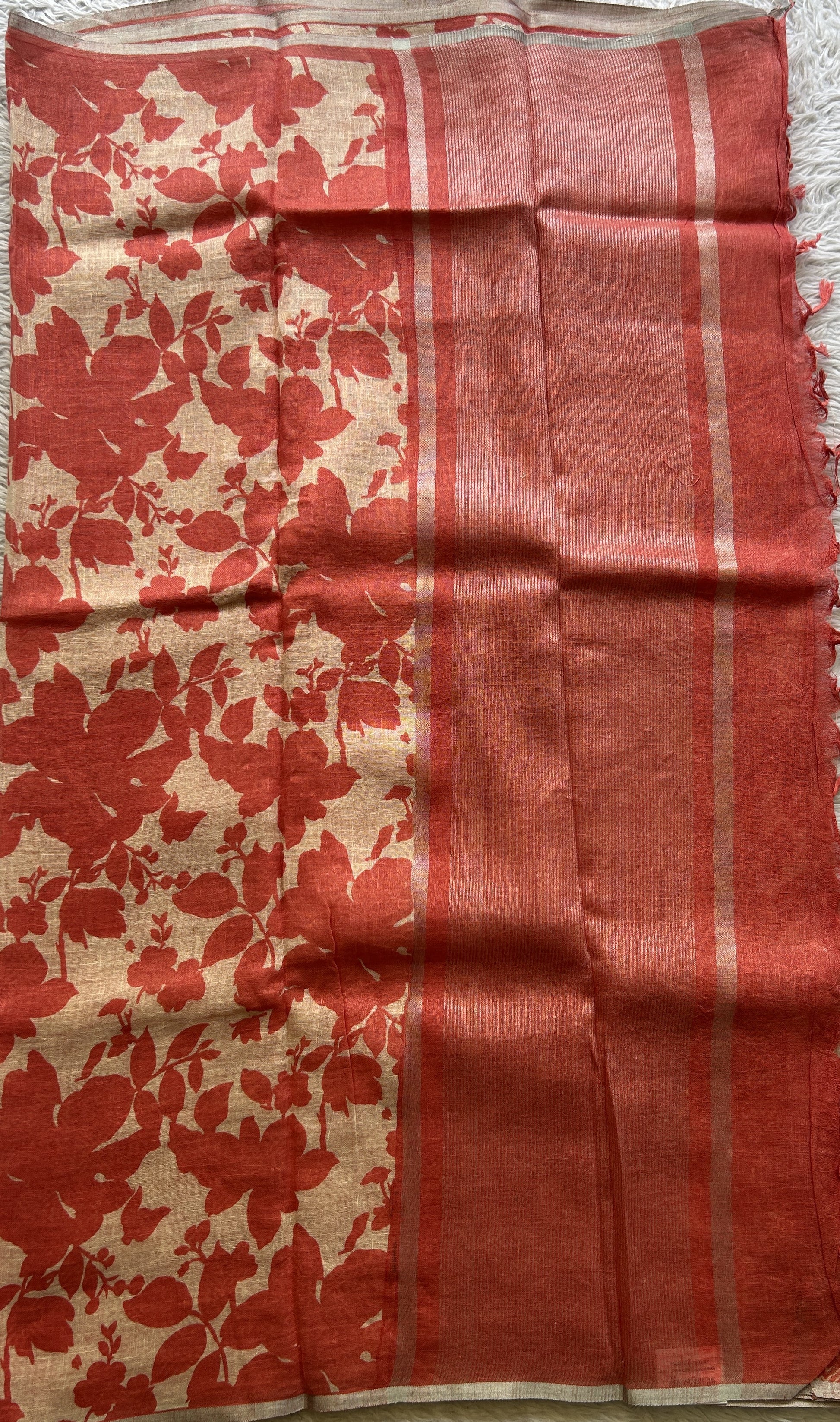 Fancy Linen Saree Peach Colored Complemented with a Lace Border. - Sampradaya Designer Studio