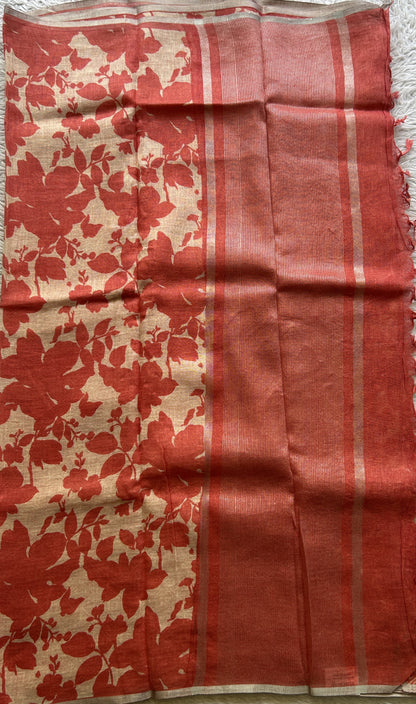 Fancy Linen Saree Peach Colored Complemented with a Lace Border. - Sampradaya Designer Studio