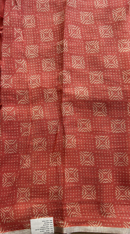 Fancy Linen Saree Peach Colored Complemented with a Lace Border. - Sampradaya Designer Studio