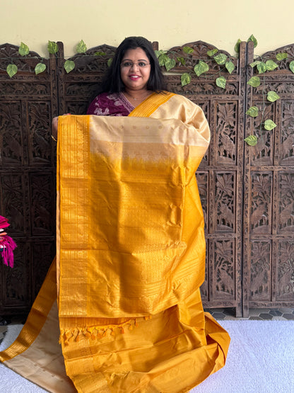 Gadwal Silk Saree Flax Colored Complemented With Gold Zari Border
