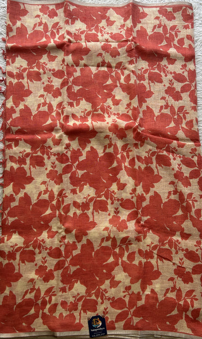 Fancy Linen Saree Peach Colored Complemented with a Lace Border. - Sampradaya Designer Studio