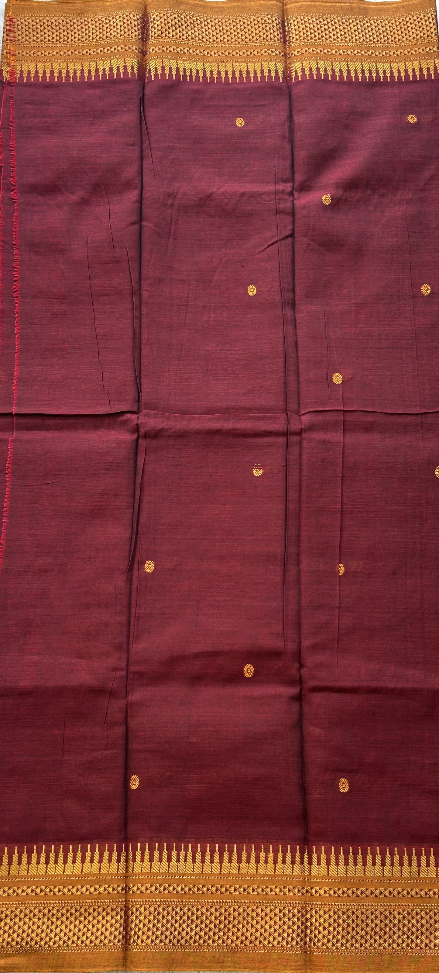 Narayanpet Cotton Dress Material – Marron Color Gold Zari Border | Handloom Cotton