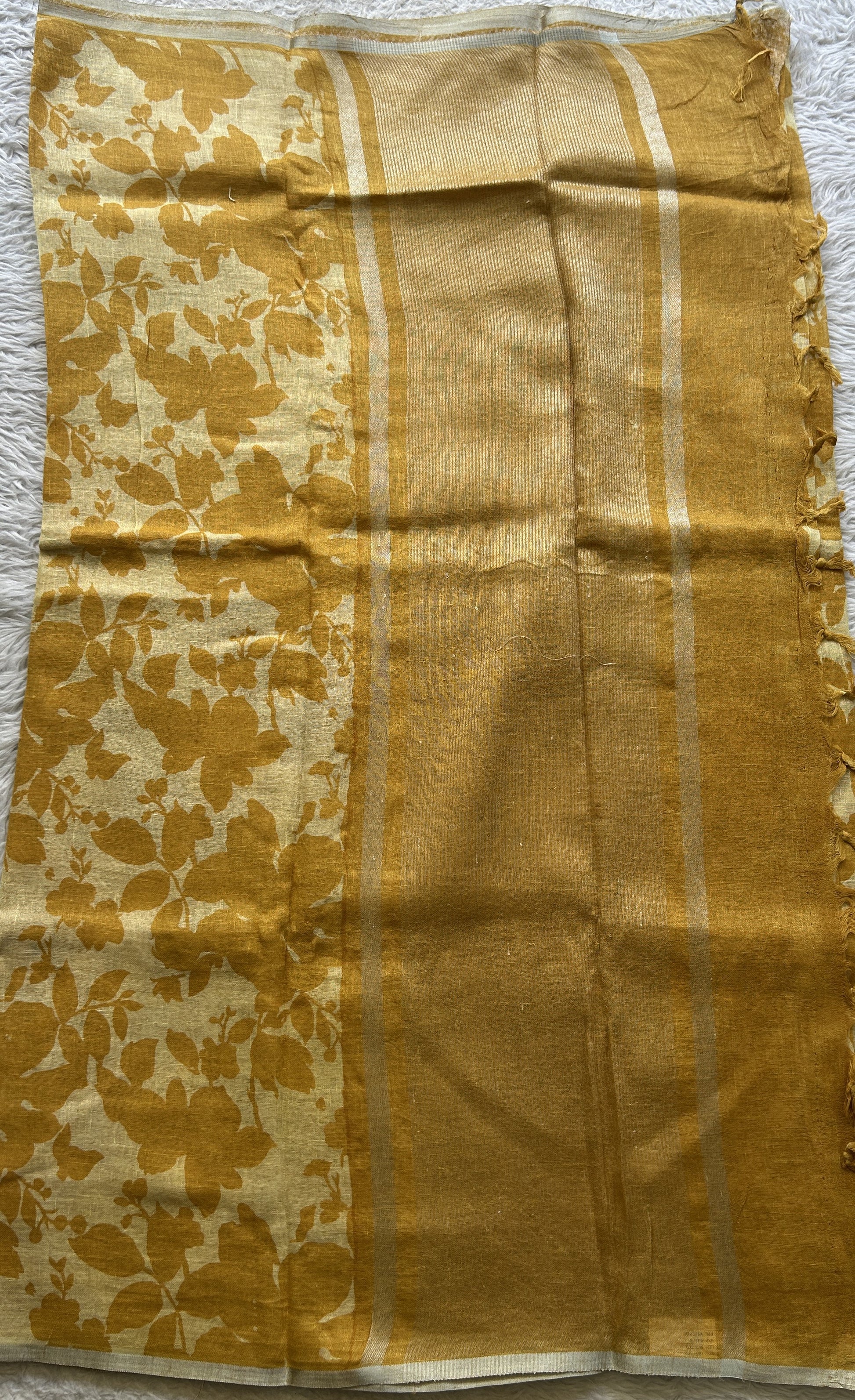 Fancy Linen Saree Yellow Colored Complemented with a Lace Border. - Sampradaya Designer Studio