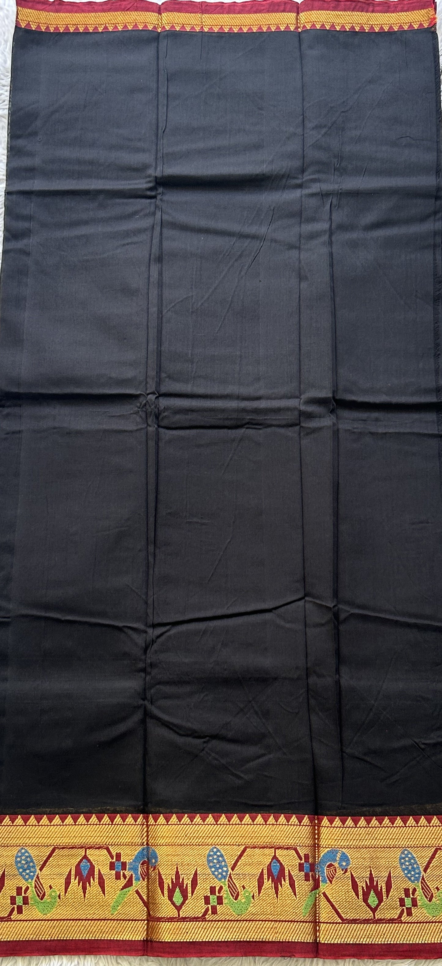 Narayanpet Cotton Dress Material – Black Color Gold Zari Border | Handloom Cotton