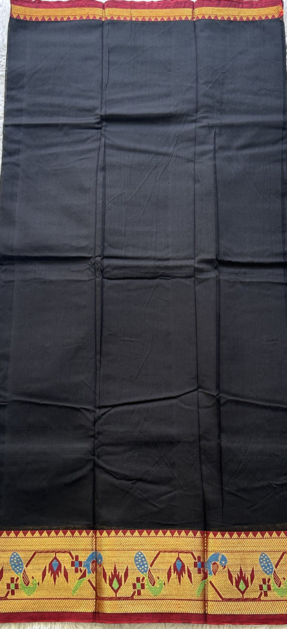 Narayanpet Cotton Dress Material – Black Color Gold Zari Border | Handloom Cotton